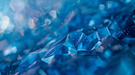Abstract background with blue low poly shapes, crystal texture and grainy particles on the surface....