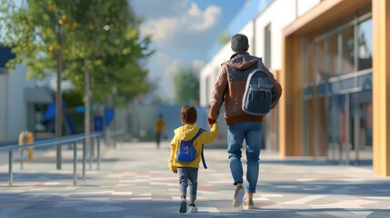 Fototapeta premium Parent walking hand-in-hand with a child towards a school
