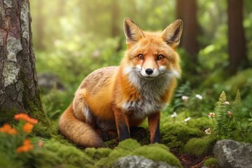 Fox in green forest. Cute Red Fox, at forest with flowers, moss stone. Wildlife scene from nature.