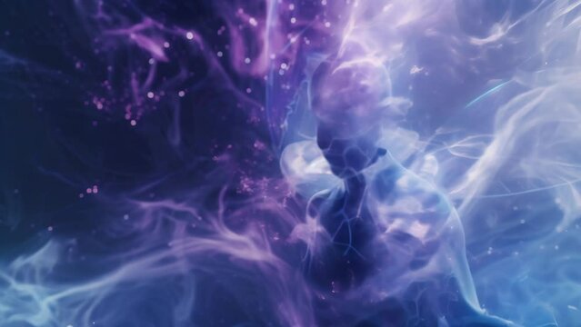 Silhouette against vibrant indigo and purple energy field. Swirling particles and ethereal light surround the figure. Complex equations float in space, suggesting advanced quantum theories. 