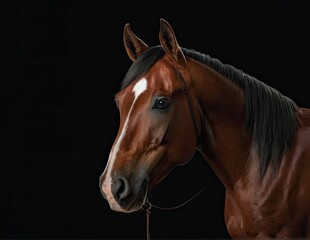 Beautiful bay horse portrait on black background
