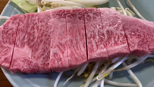 Close Up Shot of Wagyu A5 beef For Teppanyaki Style in Japanese restaurant in Kawaguchiko Japan