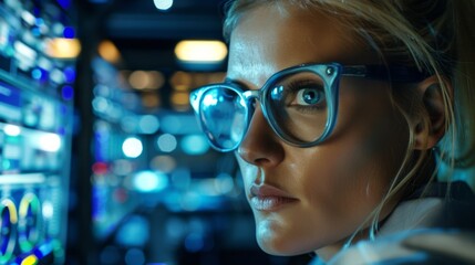 Young caucasian woman working in a futuristic data center