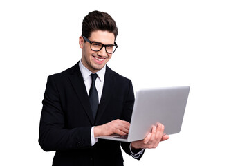 Portrait of his he nice imposing elegant classy attractive cheerful guy holding in hands digital...