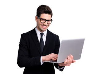Portrait of his he nice imposing elegant classy attractive cheerful guy holding in hands digital e-commerce vacancy recruiting office startup isolated over light gray background