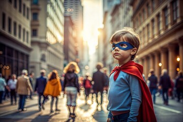 Fototapeta premium Superhero Kid on Street Blur: A blurred street scene with a superhero kid standing boldly, surrounded by buildings and pedestrians. 