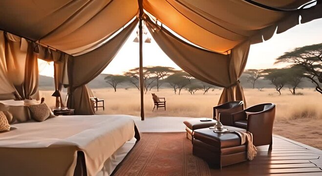 Safari tent with luxurious furnishings and savanna views