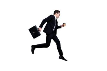 Full length body size profile side view portrait of nice classy attractive worried guy carrying in hands diplomat latte white collar rush hour career growth workplace isolated on light gray background