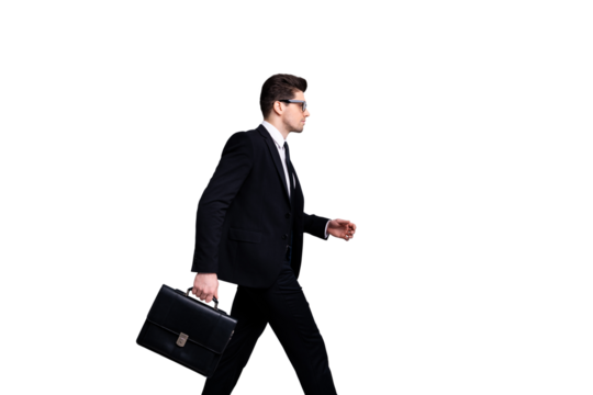 Profile side view portrait of his he nice elegant classy chic attractive guy carrying in hands diplomat attorney lawyer marketing sales manager coach training isolated over light gray background