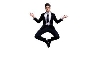 Full length body size view portrait of nice attractive calm guy executive leader expert development agent broker manager financier banker weightlessness zero gravity isolated on light gray background