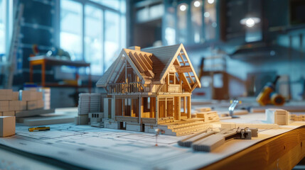 The process of building a house unfolds on blueprints, with skilled workers bringing the construction project to life. A scene of meticulous planning and dedicated craftsmanship.