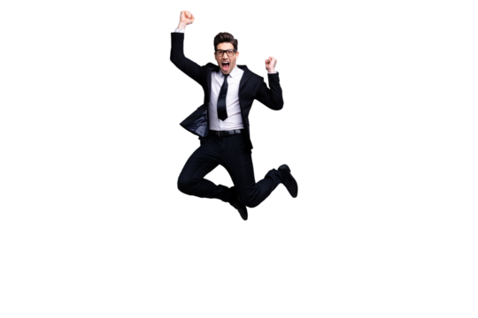 Full length body size view portrait of his he nice elegant imposing attractive crazy cheerful guy diplomat white collar celebrating holiday career growth isolated over light gray background