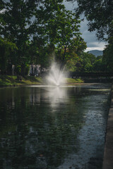A water fountain in a lake