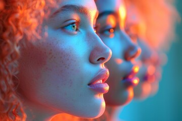 Obraz premium Overlay of female models’ faces are illuminated with different neon colored lights which creates dramatic effect, some of them looking at a camera with their mouths slightly open.