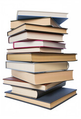 Picture of thick textbooks stacked together on a white background