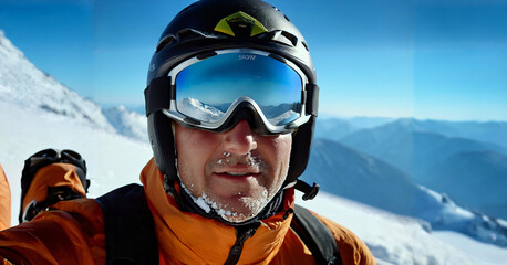 Close-up photo of a skier's face, covered with frost and snow2