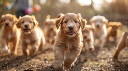 Many dogs running together in the woods together, Animal background