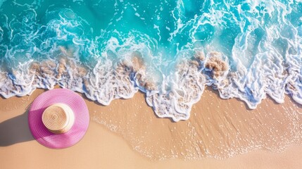 Obraz premium Tranquil beach scene with pink sun hat on sandy shore and gentle waves