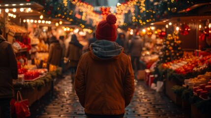 Fototapeta premium Create a festive Christmas background with a bustling holiday market, filled with vendors selling treats, gifts, and decorations.