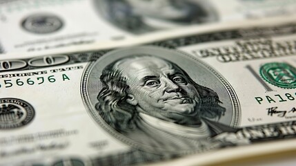 A close-up shot of a US one hundred dollar bill, focusing on the portrait of Benjamin Franklin