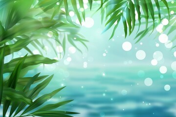 Obraz premium Tropical paradise with lush green palm leaves and shimmering ocean backdrop
