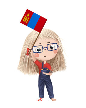 recommend clip art: Funny cute girl with flag of Mongolia. Bright clip art isolated