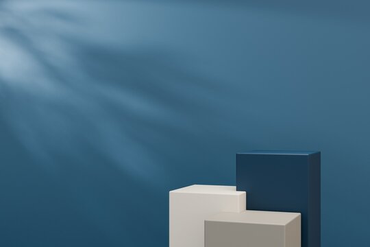 Premium minimalist geometric podium with abstract shadow for presentation, blue background, 3d illustration.