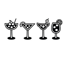 cocktail drink glass icons symbol vector design black white color illustration collection set