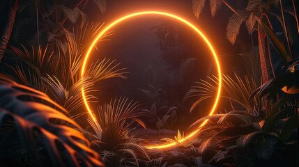 Circle Shaped Frame in Neon Orange and Yellow Light with Tropical Plants in Rainforest Environment