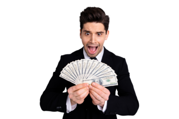 Close-up portrait of his he nice attractive cheerful crazy emotional guy manager financier banker sales agent broker currency lottery credit loan lottery isolated over light gray background