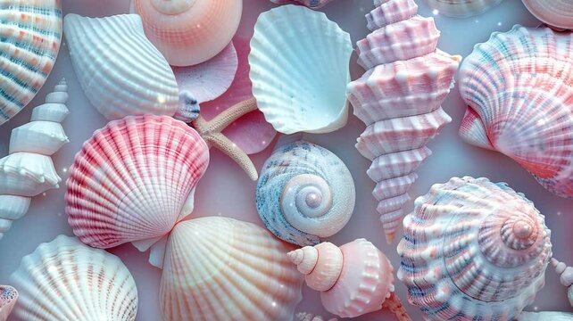 colorful sea shells and starfish in white beach sand background