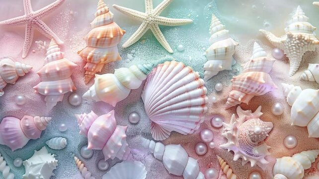 colorful sea shells and starfish in white beach sand background