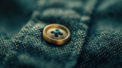 A close-up photo of a gold button on a teal fabric shirt