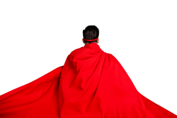 Close up back rear behind view photo hiding facial expression he him his man ready flight use superpower wear red long cloak raised wind safety protection human race concept isolated grey background