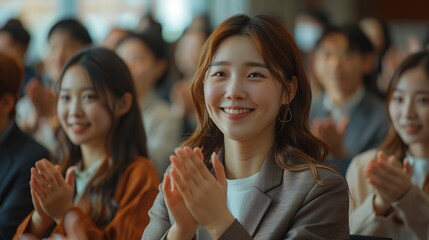 A group of Asian business professionals, smiling and clapping their hands, is attending a work conference and listening to presentations. People have seats in the auditorium or meeting room.