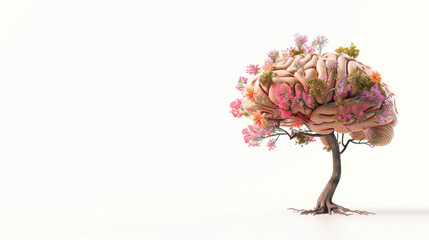 A human brain growing as a tree with flowers. Mental health, creative mind and positive thinking concept.