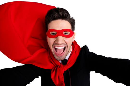 Close up photo adventurous facial expression he him his man flying use superpower make take selfies wear red long cloak raised wind safety protection human comics character isolated grey background