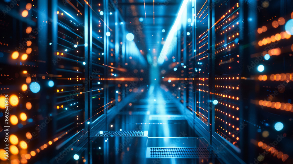 Poster data center with a row of computer servers. abstract generic concept of cyberspace, communication an