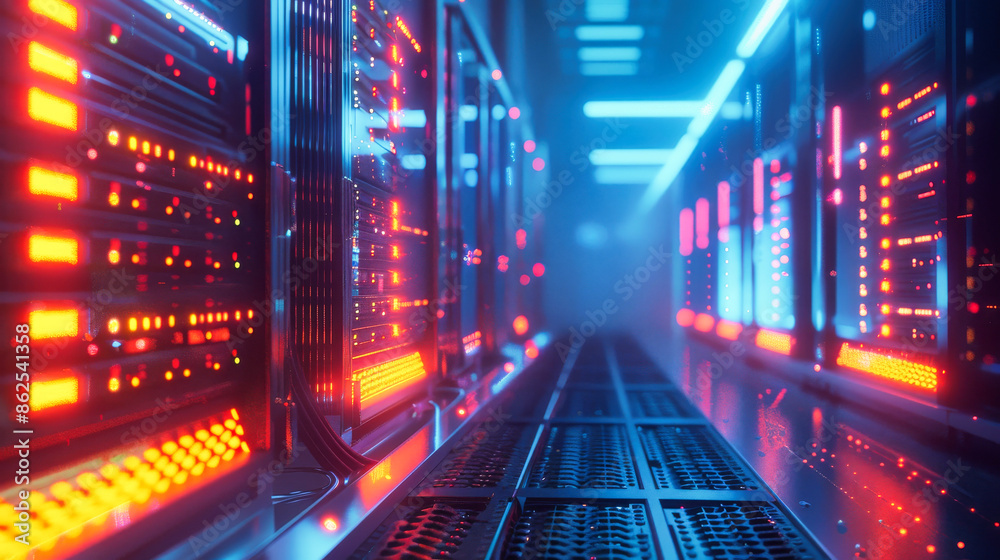 Poster data center with a row of computer servers. abstract generic concept of cyberspace, communication an
