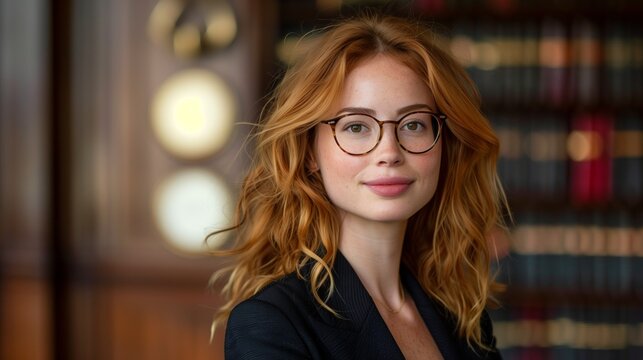 Young Woman With Red Hair Wearing Glasses in a Library