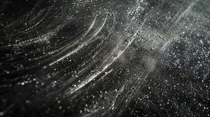 A close-up shot of a black surface covered in white dust and scratches, revealing a textured, gritty background