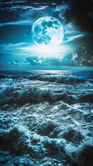 Sea or ocean waves under moonlight