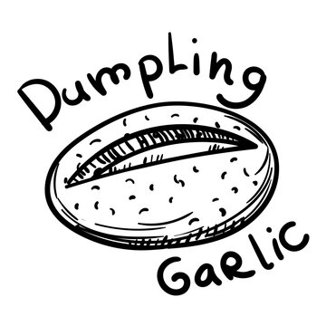 Doodle illustration featuring a bun black outline, and the sweet name garlic dampling. The image is handmade with different line thicknesses. Contour illustration for baking in cafes, bakeries