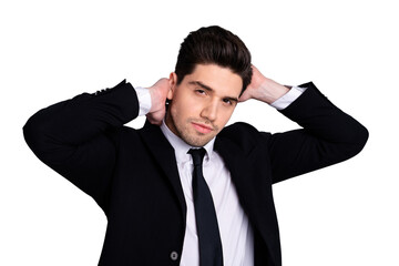 Close up photo amazing he him his macho handsome just visited hairdresser touch perfect styling black hair both hands arms wear specs shirt suit jacket tie formalwear isolated grey background