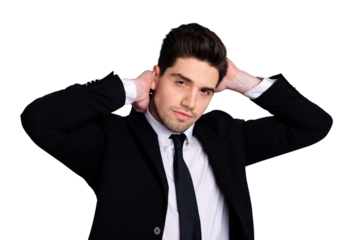 Close up photo amazing he him his macho handsome just visited hairdresser touch perfect styling black hair both hands arms wear specs shirt suit jacket tie formalwear isolated grey background