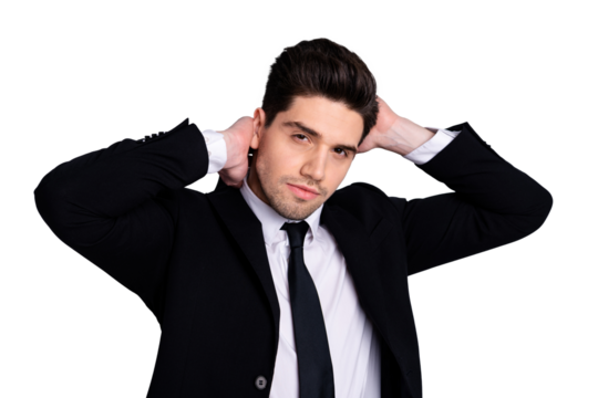 Close up photo amazing he him his macho handsome just visited hairdresser touch perfect styling black hair both hands arms wear specs shirt suit jacket tie formalwear isolated grey background