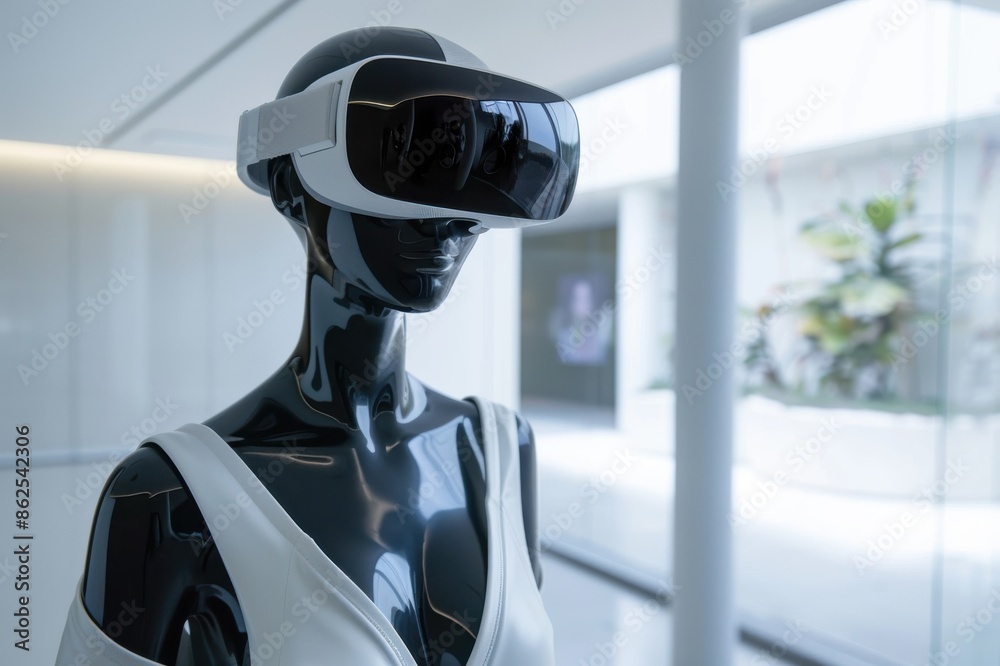 Wall mural A woman wearing a white tank top stands in a room with a virtual reality headset