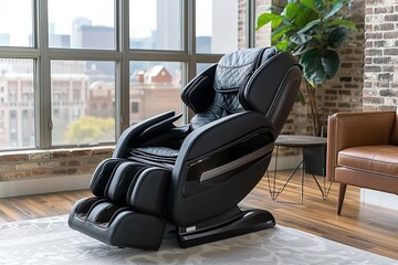 A black leather massage chair sits in a modern living room near a large window, showcasing its sleek design and luxurious features