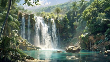 Fototapeta premium Majestic Waterfall Cascading into Crystal-Clear Pool: Tropical Paradise with Lush Vegetation