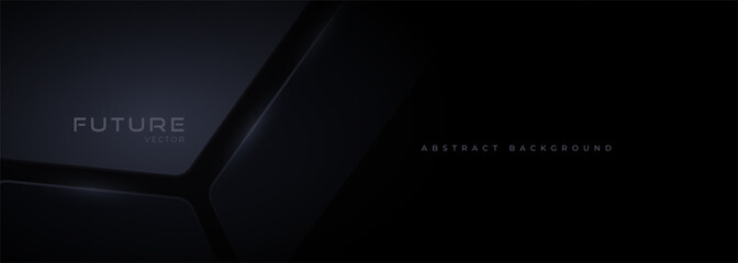 Black 3D elegant futuristic technology background with future design concept. Dark abstract modern wide horizontal backdrop for poster, banner, social media, cover, website, brochure, advertising.